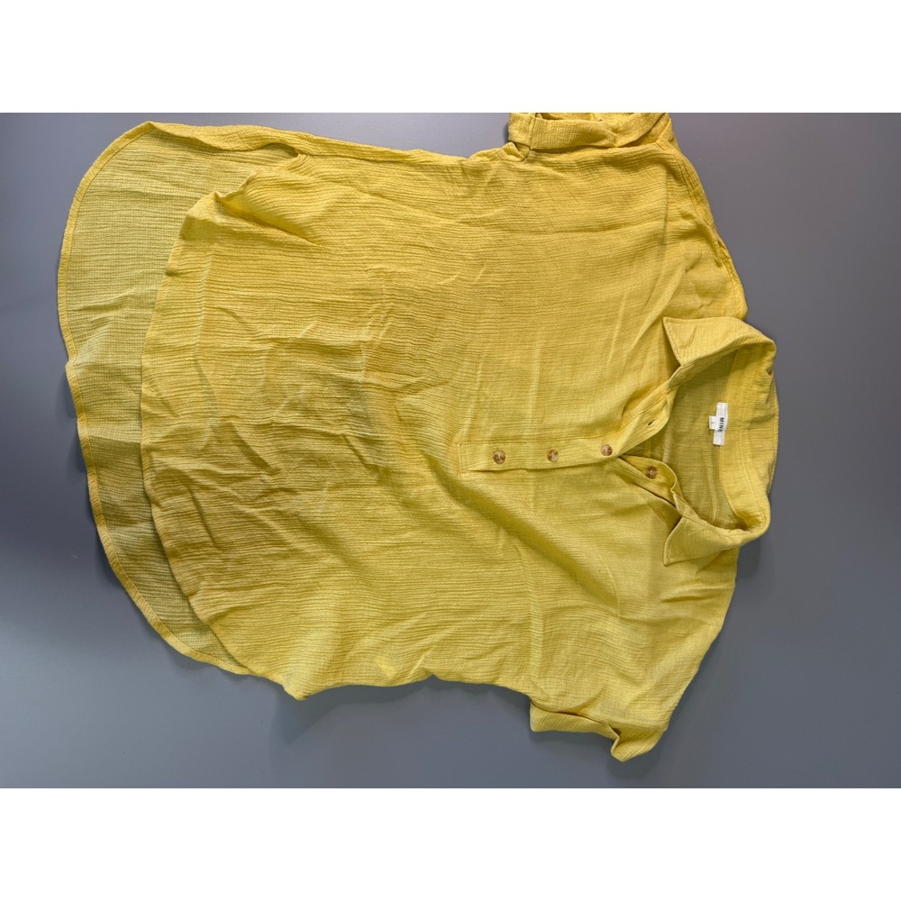 MINE Women Yellow Textured Short Sleeve Button Up High Low Top CR1980 Size L
